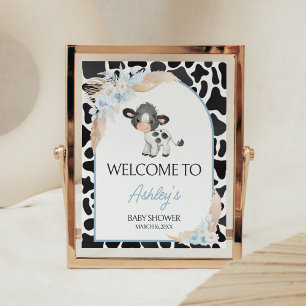 Poster Blue Boho Highland Cow Baby shower Bienvenue