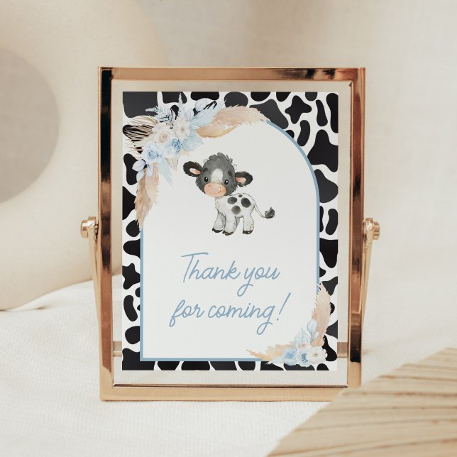 Poster Blue Boho Highland Vache Merci bébé pour venir (Bohemian Floral Farm Baby Shower Thank you for Coming Sign)