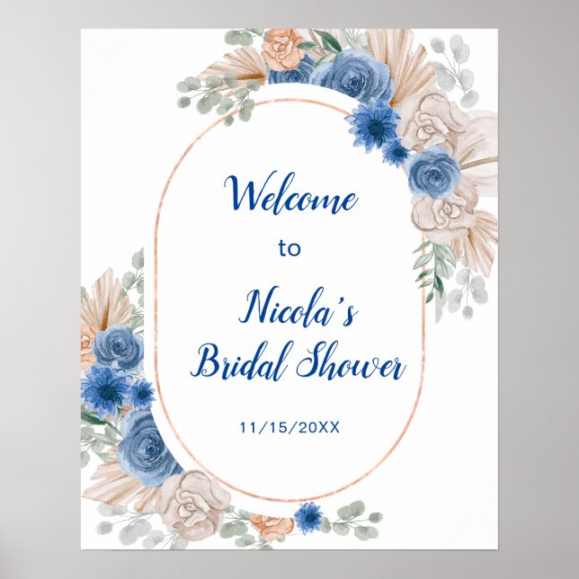 Poster Blue Boho Pampas Grass Bridal Shower (Devant)
