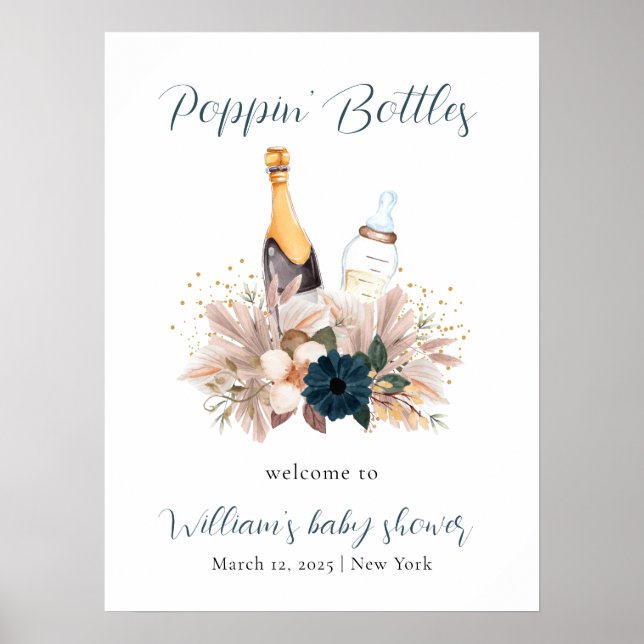 Poster Blue Boho Poppin Champagne Baby shower Bienvenue (Devant)