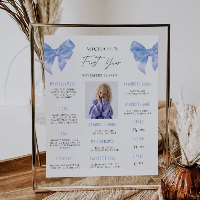 Poster Blue Bow 1er Birthday Jalon Board (Blue Bow 1st Birthday Milestone Board Poster)