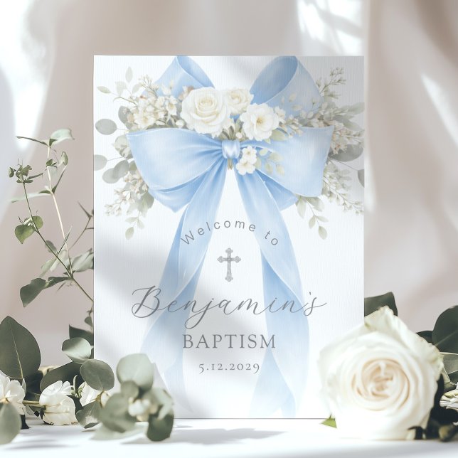 Poster Blue Bow Baby Boy Baptism Elegant Welcome (Créateur téléchargé)