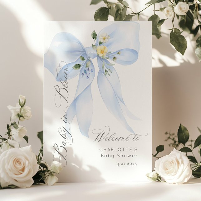 Poster Blue Bow Baby in Bloom Baby shower Bienvenue (Créateur téléchargé)
