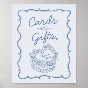 Poster Blue Bow Coquette Coeur rétro Cartes de gâteau et
