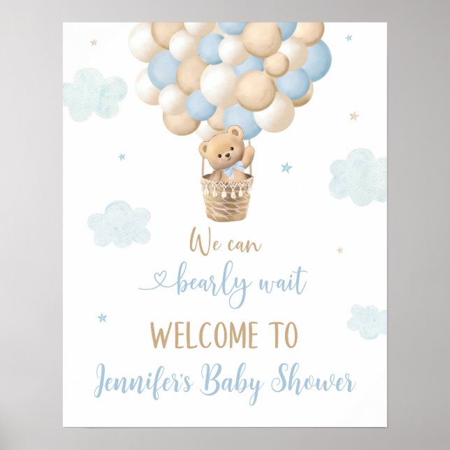 Poster Blue Boy Teddy Bear Balloons Baby shower Bienvenue (Devant)