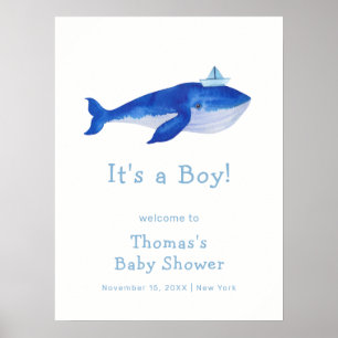 Poster Blue Boy Under the Sea Whale Baby shower Bienvenue
