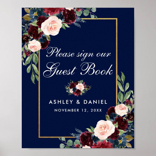 Poster Blue Burgundy Gold Floral Mariage Livre d'hôtes (Devant)