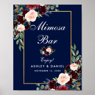 Poster Blue Burgundy Gold Floral Wedding Mimosa Bar
