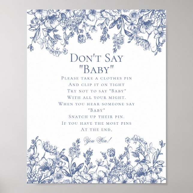 Poster Blue Chinoiserie Dont Say Baby Shower Game (Devant)
