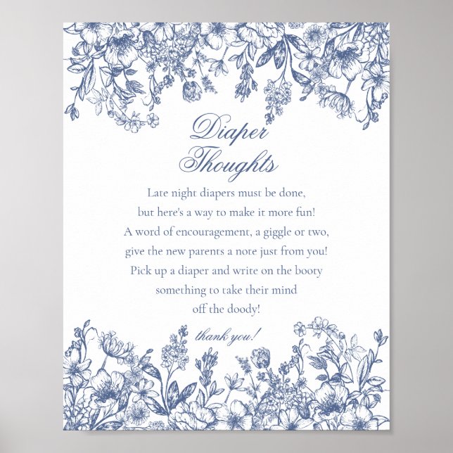 Poster Blue Chinoiserie Flora Diaper Thoughts Baby Shower (Devant)