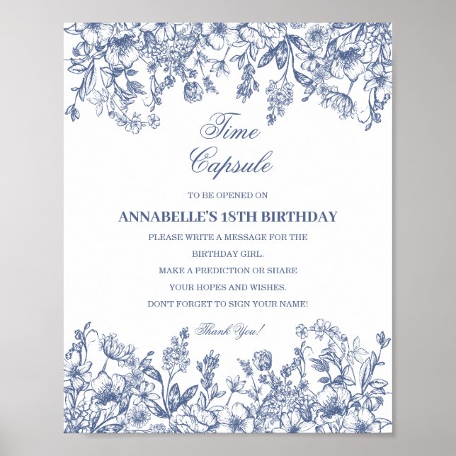 Poster Blue Chinoiserie Floral Time Capsule Baby Birthday (Devant)