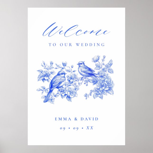 Poster Blue Chinoiserie Love Birds Wedding Welcome (Devant)