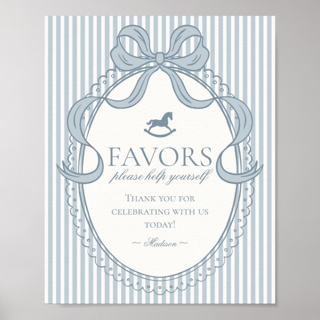 Poster Blue Coquette Bow Rocking Horse Stripe Favors Sign (Devant)