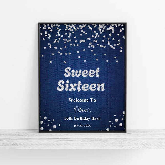 Poster Blue Denim Sweet sixteen 16e anniversaire Bienvenu (Blue Denim Sweet Sixteen 16th Birthday Welcome Sign )