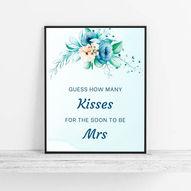 Poster Blue Devis Combien De Baisers Fête des mariées Jeu (Blue Floral Guess How Many Kisses Bridal Shower Game )