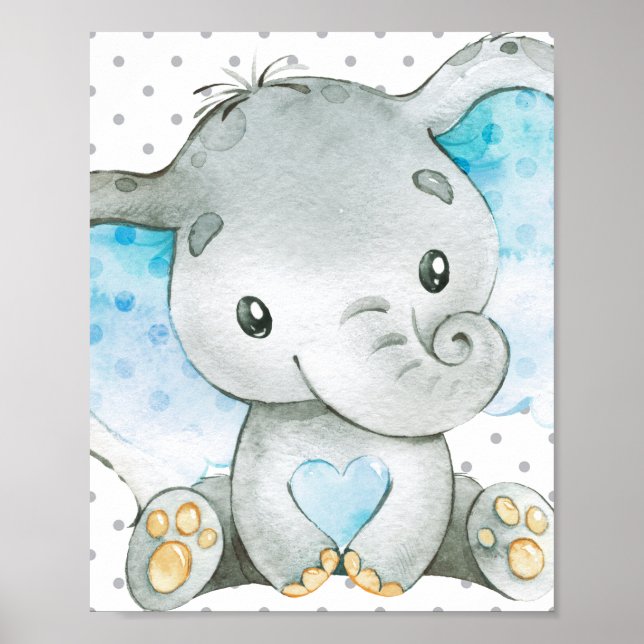 Poster Blue Elephant Baby Boy Nursery Wall Art Cadeau (Devant)
