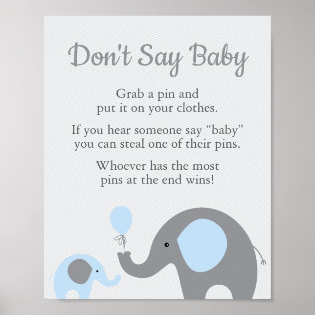 Poster Blue Elephant Baby shower Ne pas dire Baby Game Si (Devant)