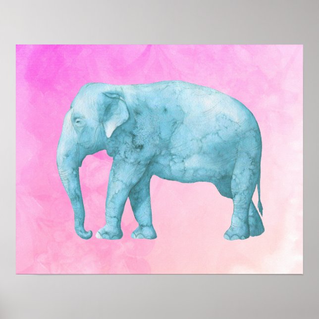 Poster Blue Elephant on Dreamy Pink Watercolors (Devant)