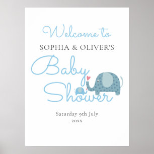 Poster Blue Elephants Couples Baby Boy Douche Bienvenue