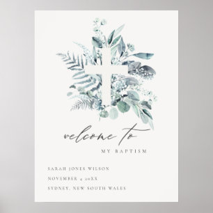 Poster Blue Eucalyptus Fern Fauna Croix Baptême Bienvenue