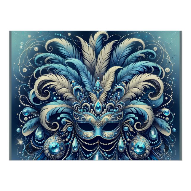 Poster Blue Feather Masquerade Mask Illustration (Devant)
