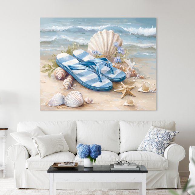 Poster Blue Flip Flops Seashells Coastal Beach Summer Art (Blue Flip Flops Seashells Coastal Beach Summer Art by TinkPrints.)