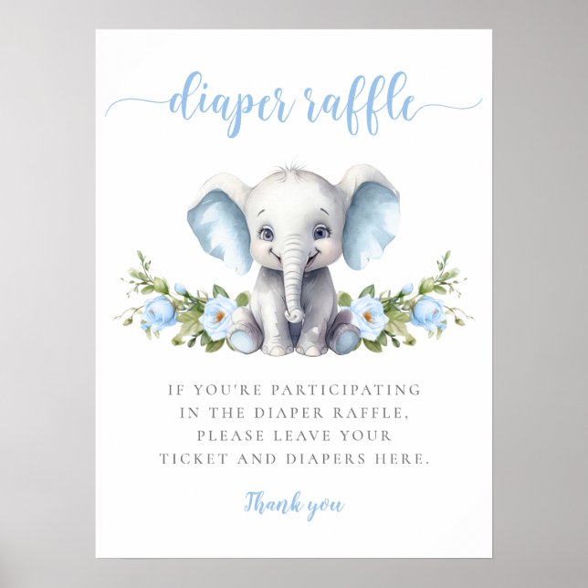 Poster Blue Floral Elephant Baby Boy Douche Déchets Raffl (Devant)