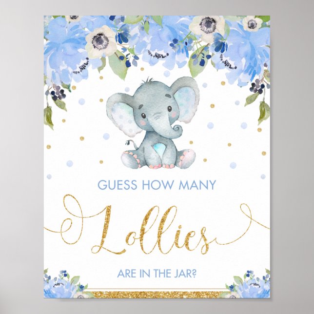 Poster Blue Floral Elephant Devine Combien De Lollies Jeu (Devant)