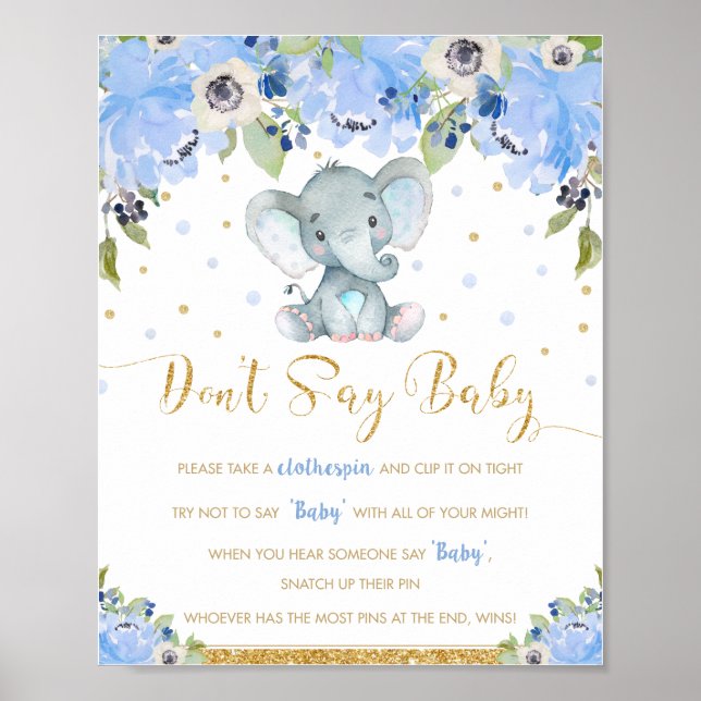 Poster Blue Floral Elephant Ne pas dire Baby shower jeu (Devant)