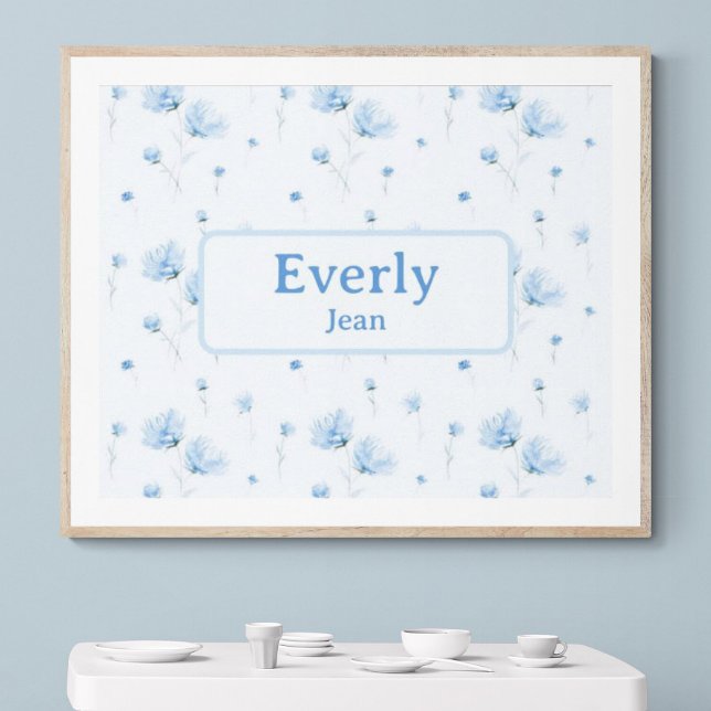 Poster Blue Floral Nom personnalisé Décor Baby Nursery (Customize name! Shown with white mat and wood frame. (you will receive print only). Thank you!)