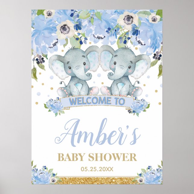 Poster Blue Floral Twin Boys Elephant Baby shower Bienven (Devant)