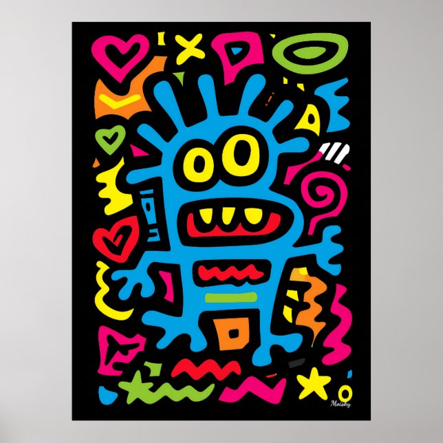 Poster Blue Funky Alien - Neon Pop Art Quirky Monster (Devant)
