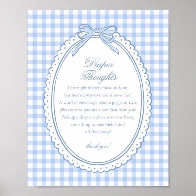 Poster Blue Gingham Coquette Bow Diaper Thoughts Baby (Devant)