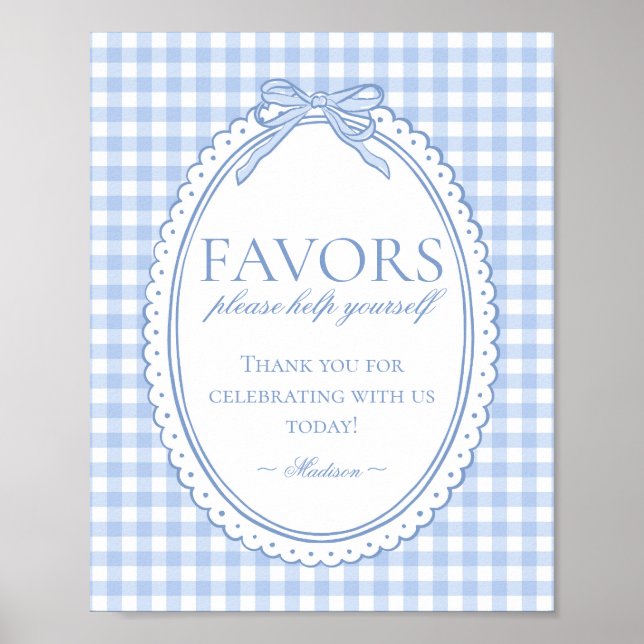 Poster Blue Gingham Coquette Bow Favors Sign (Devant)
