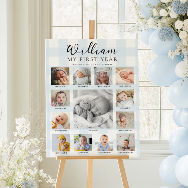 Poster Blue Gingham First Birthday Photo Timeline (Créateur téléchargé)