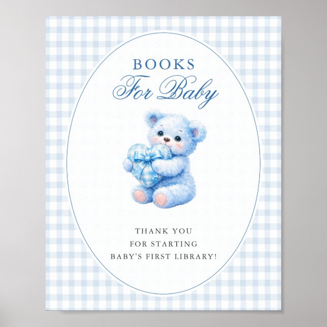 POSTER BLUE GINGHAM TEDDY BEAR NEUTRAL BABY SHOWER (Devant)