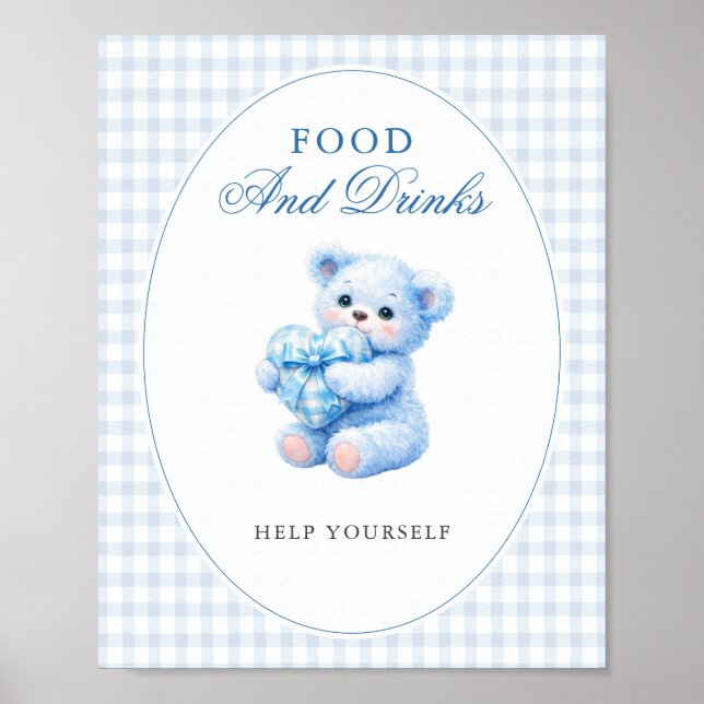POSTER BLUE GINGHAM TEDDY BEAR NEUTRAL BABY SHOWER (Devant)