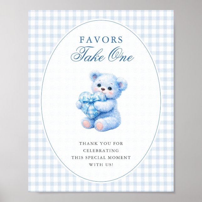 POSTER BLUE GINGHAM TEDDY BEAR NEUTRAL BABY SHOWER (Devant)