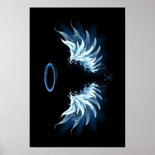 Poster Blue Glowing Angel Wings on black background