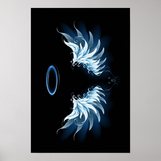 Poster Blue Glowing Angel Wings on black background (Devant)