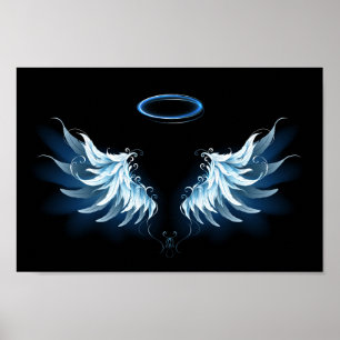 Poster Blue Glowing Angel Wings on black background