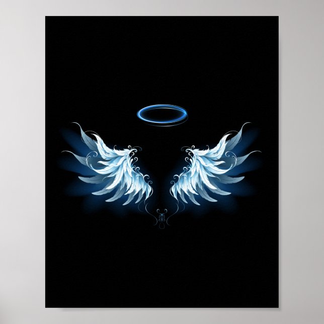 Poster Blue Glowing Angel Wings on black background (Devant)