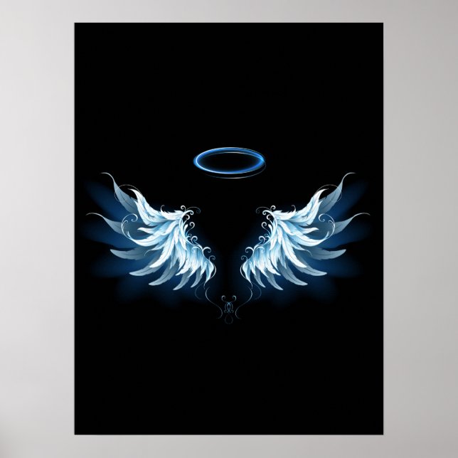 Poster Blue Glowing Angel Wings on black background (Devant)