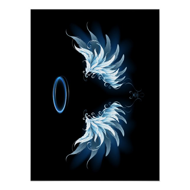 Poster Blue Glowing Angel Wings on black background (Devant)