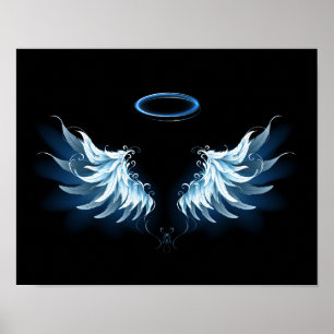 Poster Blue Glowing Angel Wings on black background