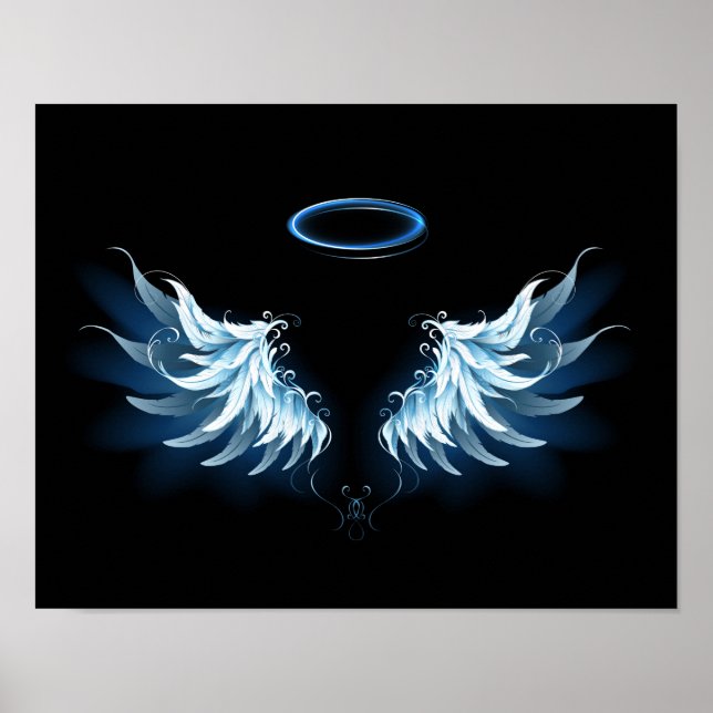 Poster Blue Glowing Angel Wings on black background (Devant)