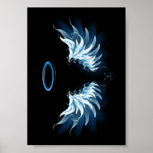 Poster Blue Glowing Angel Wings on black background