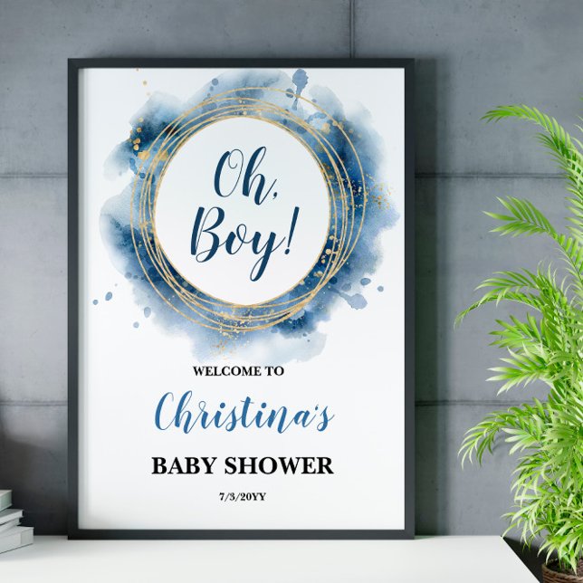 Poster Blue Gold Baby shower Oh boy Welcome Board (Créateur téléchargé)