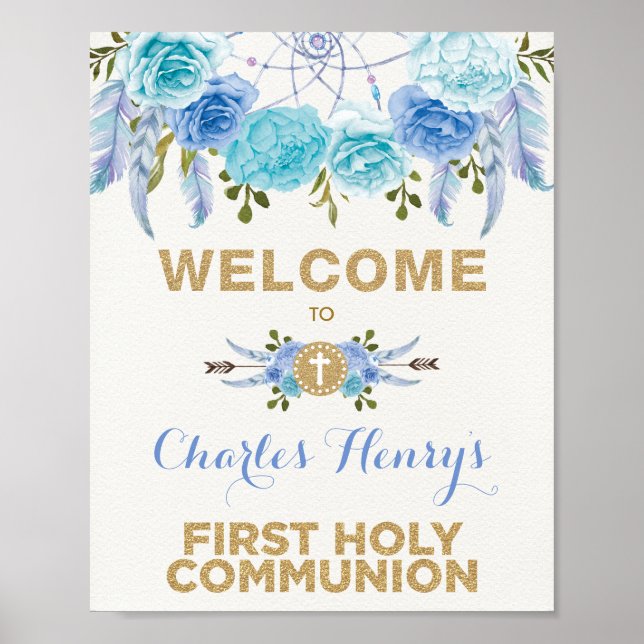 Poster Blue Gold Floral Dreamcatcher Communion Bienvenue (Devant)