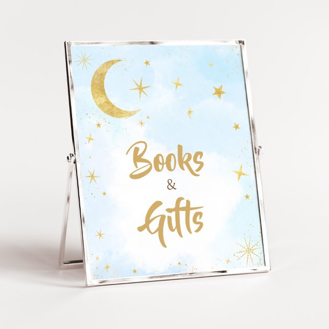 Poster Blue Gold Over the Moon Baby Books and Gifts (Moon and Stars Baby Shower Books and Gifts Sign)
